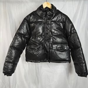 NWOT C&C California Womens Black Faux Leather Cropped Puffer Jacket Large Goth